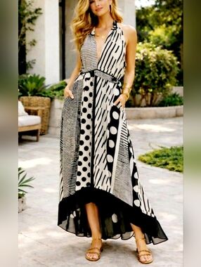 Maeve Anthropologie Hi-Lo Chiffon Maxi Dress Polka Dot Sleeveless Black/White 6